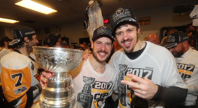 Sidney Crosby and Evgeni Malkin celebrate the Penguins 2017 Stanley Cup victory