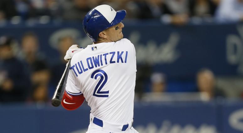 Troy Tulowitzki (2) hits a solo home run in the ninth inning against the Baltimore Orioles at Rogers Centre.