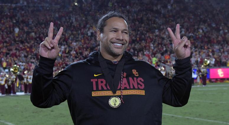 Nov 4, 2017; Los Angeles, CA, USA; Pittsburgh Steelers former safety Troy Polamalu is recognized for his induction into the Southern California Trojans hall of fame