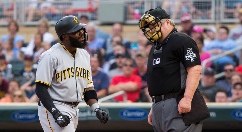 Josh Harrison and umpire Joe West Josh Harrison and umpire Joe West