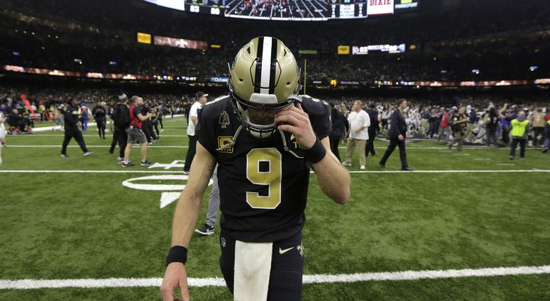 New Orleans, LA, USA; New Orleans Saints quarterback Drew Brees (9) leaves the field after losing to the Los Angeles Rams in the NFC Championship game New Orleans, LA, USA; New Orleans Saints quarterback Drew Brees (9) leaves the field after losing to the Los Angeles Rams in the NFC Championship game