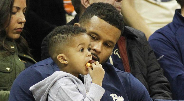 Pittsburgh, PA, USA; Los Angeles Rams defensive end Aaron Donald and son Aaron Donald Jr.