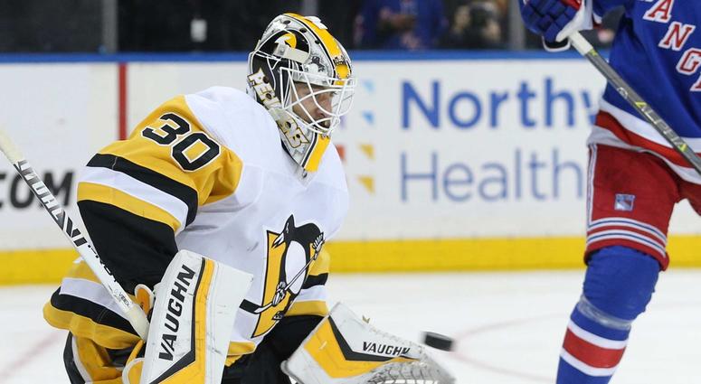 Pittsburgh Penguins goalie Matt Murray makes a save in front of New York Rangers left wing Jimmy Vesey Pittsburgh Penguins goalie Matt Murray makes a save in front of New York Rangers left wing Jimmy Vesey