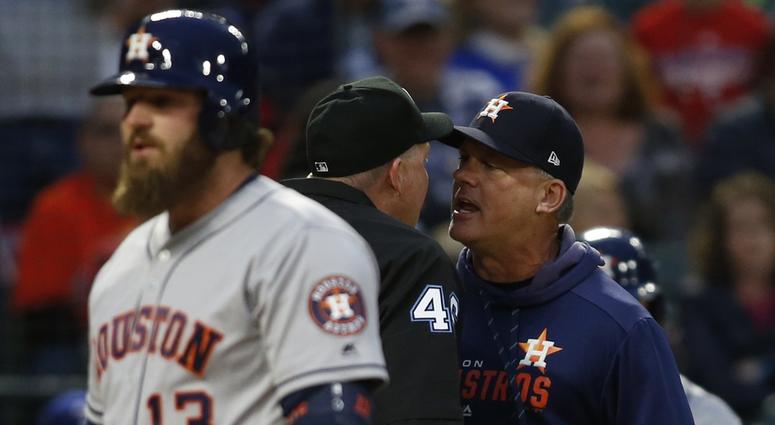 Houston Astros manager AJ Hinch (14) is ejected in the second inning after arguing with home plate umpire Ron Kulpa