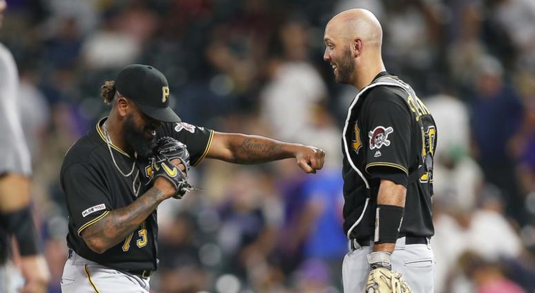 ; Pittsburgh Pirates relief pitcher Felipe Vazquez (73) and catcher Jacob Stallings