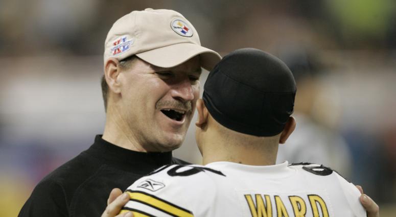 Pittsburgh Steelers head Bill Cowher talks to Super Bowl MVP Hines Ward during Super Bowl XL at Ford Field