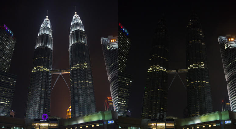 Combo photo shows lights on (L) and off of Petronas Twin Towers before (L) and during the Earth Hour event in Kuala Lumpur, Malaysia, March 30, 2019 Combo photo shows lights on (L) and off of Petronas Twin Towers before (L) and during the Earth Hour event in Kuala Lumpur, Malaysia, March 30, 2019
