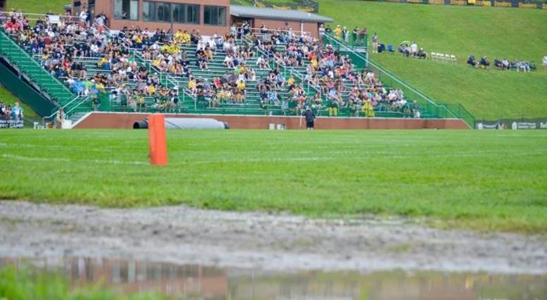 Water sits on Chuck Noll Field after heavy rains in Latrobe during Steelers training camp