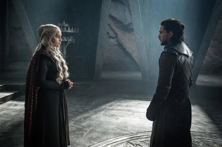 Emilia Clarke as Daenerys Targaryen and Kit Harington as Jon Snow in a scene from HBO's "Game of Thrones" This photo provided by HBO shows Emilia Clarke as Daenerys Targaryen and Kit Harington as Jon Snow in a scene from HBO's "Game of Thrones." The final season premiered on Sunday. (Helen Sloan/Courtesy of HBO via AP)