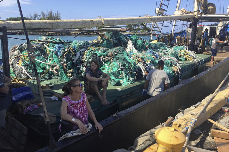 AP19178701695338 In this photo taken June 18, 2019, provided by the Ocean Voyages Institute, are nets brought in by the sailing ship Kwai from the Pacific gyre cleanup in Honolulu. (AJ Jaeger/Ocean Voyages Institute via AP)