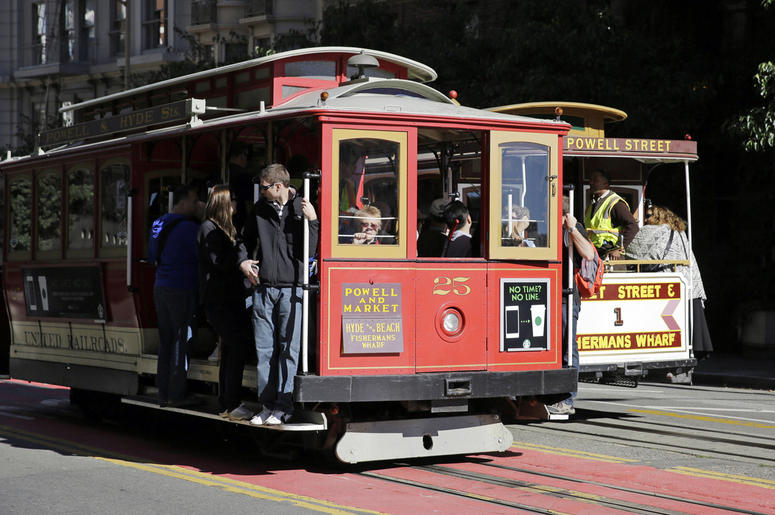 AP19254603723259 In this Nov. 3, 2015 file photo, a pair of cable cars go past each other on Powell Street atop Nob Hill in San Francisco. (AP Photo/Eric Risberg)