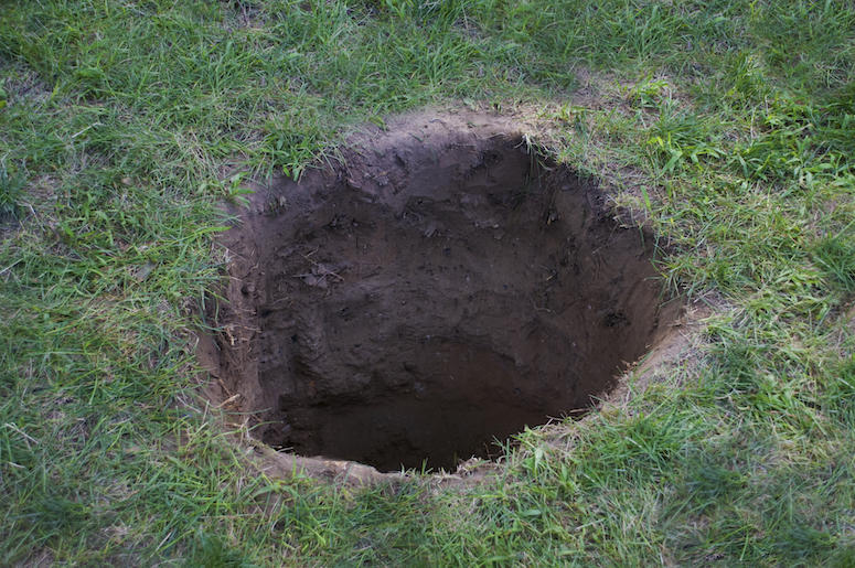Deep Hole, Dirt, Mud, Lawn, Grass, Yard Deep Hole, Dirt, Mud, Lawn, Grass, Yard