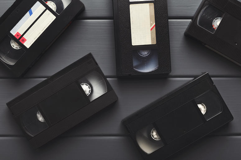 VHS, Tapes, Table, Gray Wooden Background VHS, Tapes, Table, Gray Wooden Background