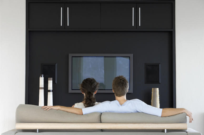 Couple, Man, Woman, Living Room, Couch, Watching TV Couple, Man, Woman, Living Room, Couch, Watching TV