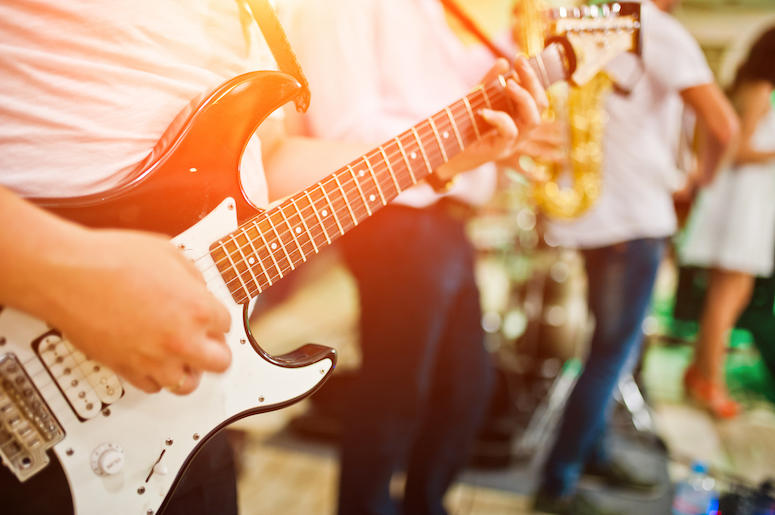 Man, Playing, Music, Live, Electric Guitar, Band, Foreground, Sunset Man, Playing, Music, Live, Electric Guitar, Band, Foreground, Sunset