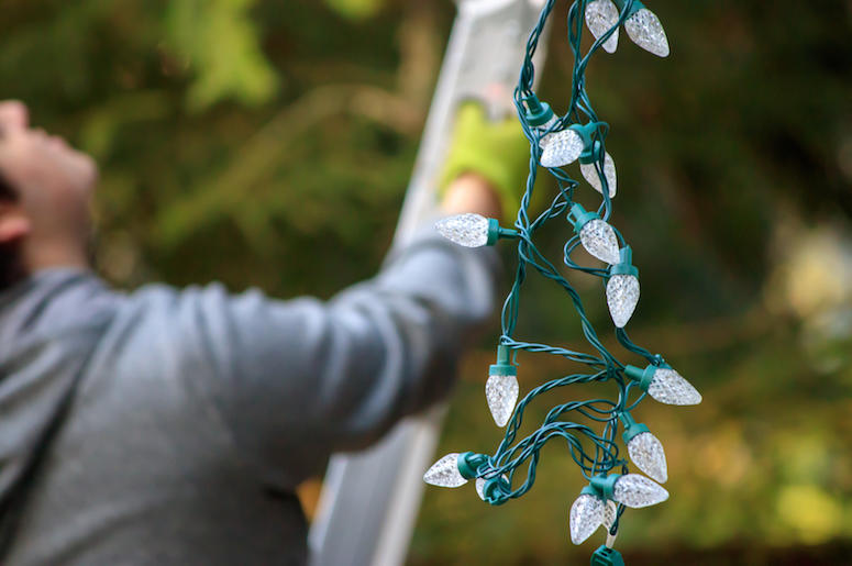 House, Christmas Lights, Ladder, Man House, Christmas Lights, Ladder, Man