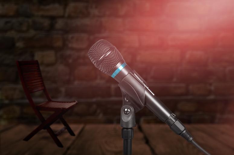 Microphone, Microphone Stand, Brick Wall, Comedy Club Microphone, Microphone Stand, Brick Wall, Comedy Club