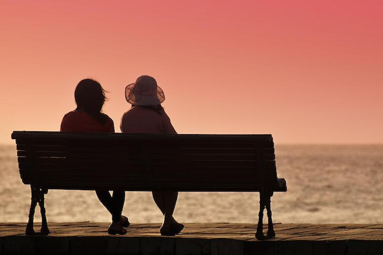 Women, Sitting, Bench, Lake, Sunset Women, Sitting, Bench, Lake, Sunset