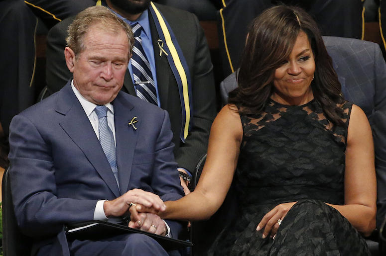 Michelle Obama, George W Bush, Holding Hands, Dallas, Meyerson Symphony Center, Memorial, 2016 Michelle Obama, George W Bush, Holding Hands, Dallas, Meyerson Symphony Center, Memorial, 2016