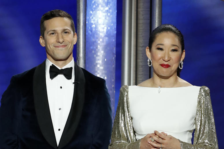 Hosts Andy Samberg and Sandra Oh at the 76th Golden Globe Awards Jan 6, 2019; Beverly Hills, CA, USA; Andy Samberg and Sandra Oh during the 76th Golden Globe Awards at the Beverly Hilton. Mandatory Credit: Paul Drinkwater/NBC via USA TODAY NETWORK