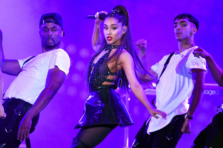AP19042008599962 In this June 2, 2018 file photo, Ariana Grande, center, performs at Wango Tango in Los Angeles. Grande won her first Grammy Award on Sunday, Feb. 10, but the singer didn’t collect it after she decided to skip the ceremony following a public dispute with t