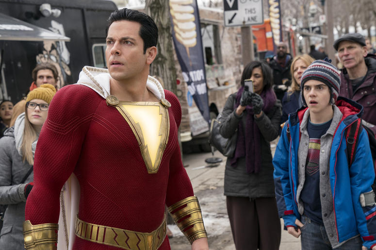 AP19097147873181 This image released by Warner Bros. shows Zachary Levi, left, and Jack Dylan Grazer in a scene from "Shazam!" (Steve Wilkie/Warner Bros. Entertainment via AP)