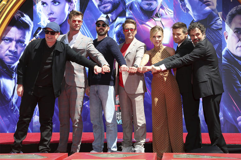 AP19113671876329 Marvel Studios President Kevin Feige, from left, poses with members of the cast of "Avengers: End Game," Chris Hemsworth, Chris Evans, Robert Downey Jr., Scarlett Johansson, Jeremy Renner and Mark Ruffalo at a hand and footprint ceremony at the TCL Chines