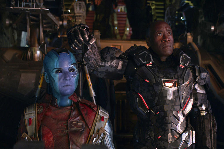 AP19125029664525 This image released by Disney shows Karen Gillan, left, and Don Cheadle in a scene from "Avengers: Endgame." (Disney/Marvel Studios via AP)