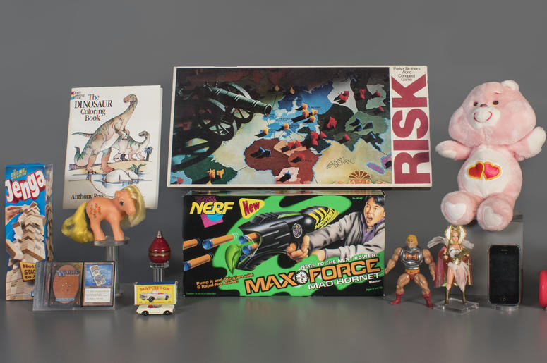 AP19253627360670 In this Aug. 13, 2019 photo provided by the National Toy Hall of Fame are the 2019 finalists, from left to right, Jenga, Magic the Gathering, My Little Pony, Coloring Book, Matchbox Cars, Top, Nerf Blaster, Risk, Masters of the Universe, Care Bears, Smart