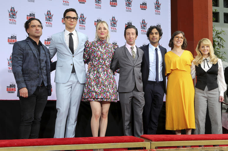 AP19281565979114 In this May 1, 2019, file photo, Johnny Galecki, from left, Jim Parsons, Kaley Cuoco, Simon Helberg, Kunal Nayyar, Mayim Bialik and Melissa Rauch, cast members of the TV series "The Big Bang Theory," pose at a hand and footprint ceremony at the TCL Chines