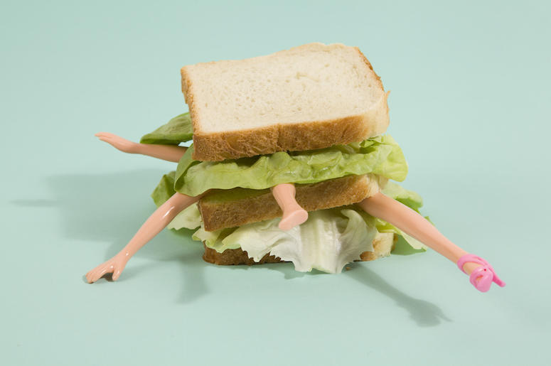 Doll Parts, Sandwich, Teal Background, Quirky Cannibalism Doll Parts, Sandwich, Teal Background, Quirky Cannibalism