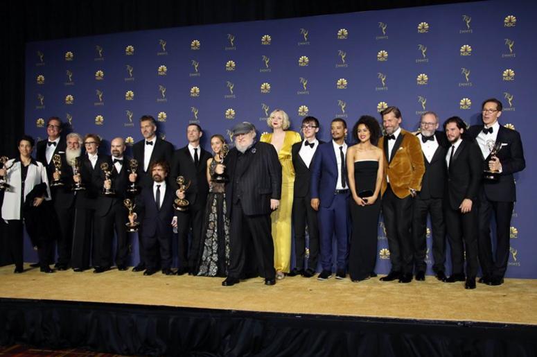 Sep 17, 2018; Los Angeles, CA, USA; The cast and crew of "Game of Thrones\" pose with their awards for Drama Series in the photo room during the 70th Emmy Awards at the Microsoft Theater Sep 17, 2018; Los Angeles, CA, USA; The cast and crew of "Game of Thrones\" pose with their awards for Drama Series in the photo room during the 70th Emmy Awards at the Microsoft Theater