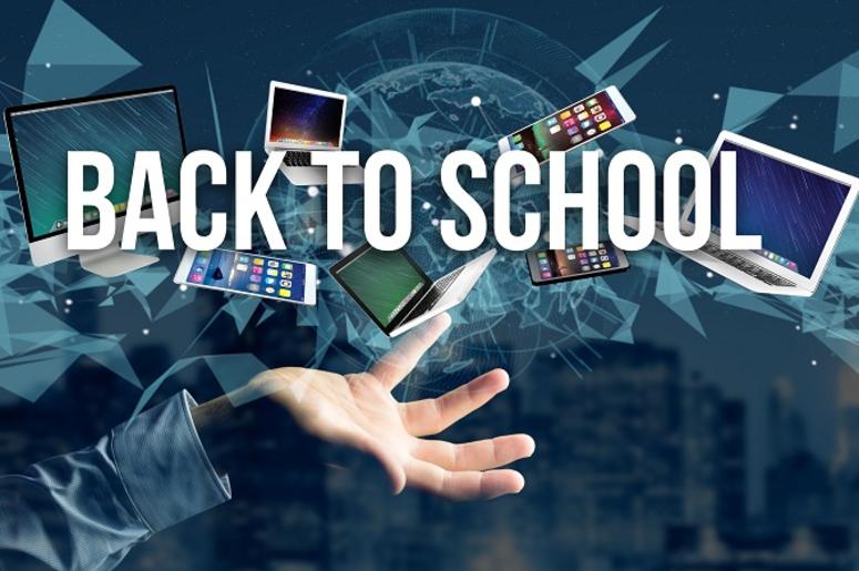 Back to school title surounded by device like smartphone, tablet Back to school title surounded by device like smartphone, tablet