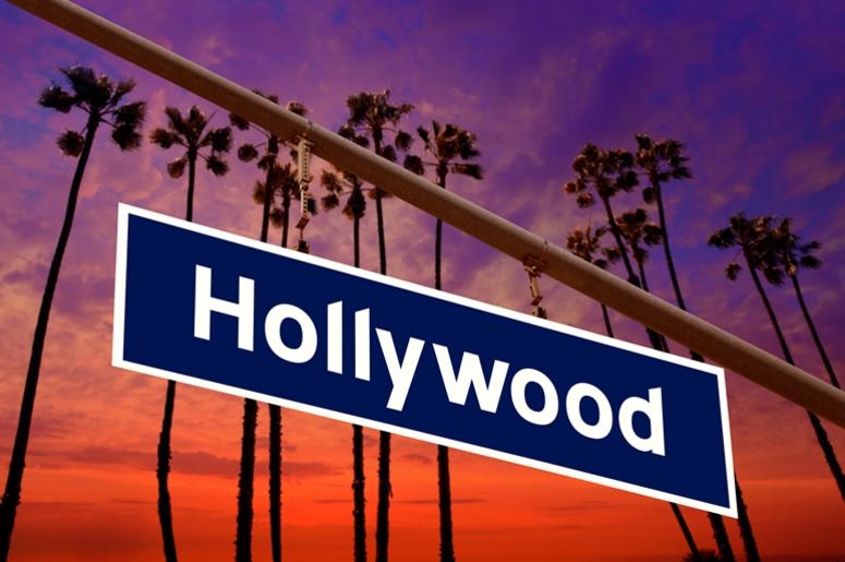 Hollywood California road sign on redlight with pam trees photo. Summer, beautiful. Hollywood California road sign on redlight with pam trees photo. Summer, beautiful.