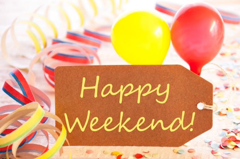 Party Label, Streamer And Balloon, Yellow Text Happy Weekend. Party Label, Streamer And Balloon, Yellow Text Happy Weekend.