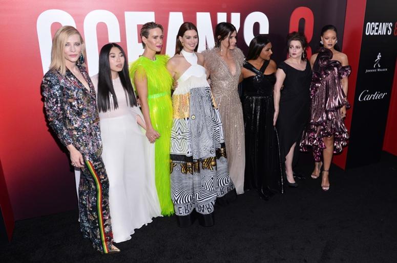 (L-R) Actors Cate Blanchett, Awkwafina, Sarah Paulson, Anne Hathaway, Sandra Bullock, Mindy Kaling, Helena Bonham Carter and Rihanna attend the World Premiere of 'Ocean's 8' at Alice Tully Hall at Lincoln Center in New York, NY, on June 5, 2018 (L-R) Actors Cate Blanchett, Awkwafina, Sarah Paulson, Anne Hathaway, Sandra Bullock, Mindy Kaling, Helena Bonham Carter and Rihanna attend the World Premiere of 'Ocean's 8' at Alice Tully Hall at Lincoln Center in New York, NY, on June 5, 2018
