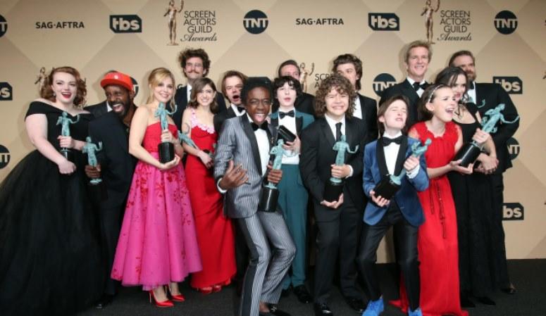 Jan 29, 2017; Los Angeles, CA, USA; The cast of Stranger Things pose with their awards for Outstanding Ensemble in a Drama Series for 'Stranger Things' in the photo room at the 23rd Annual Screen Actors Guild Awards at the Shrine Auditorium Jan 29, 2017; Los Angeles, CA, USA; The cast of Stranger Things pose with their awards for Outstanding Ensemble in a Drama Series for 'Stranger Things' in the photo room at the 23rd Annual Screen Actors Guild Awards at the Shrine Auditorium