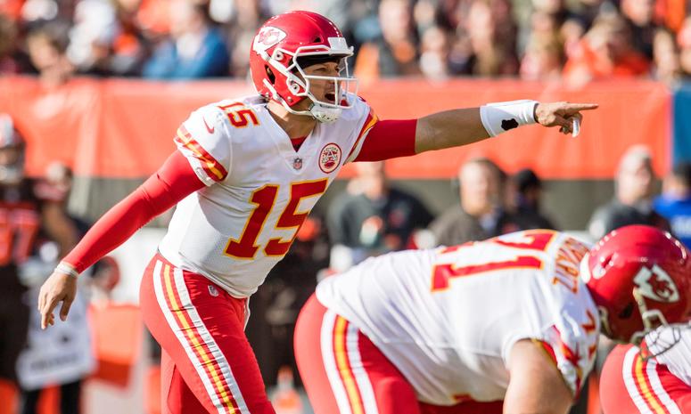 Nov 4, 2018; Cleveland, OH, USA; Kansas City Chiefs quarterback Patrick Mahomes (15) makes a call during the first half against the Cleveland Browns at FirstEnergy Stadium. Credit: Ken Blaze-USA TODAY Sports