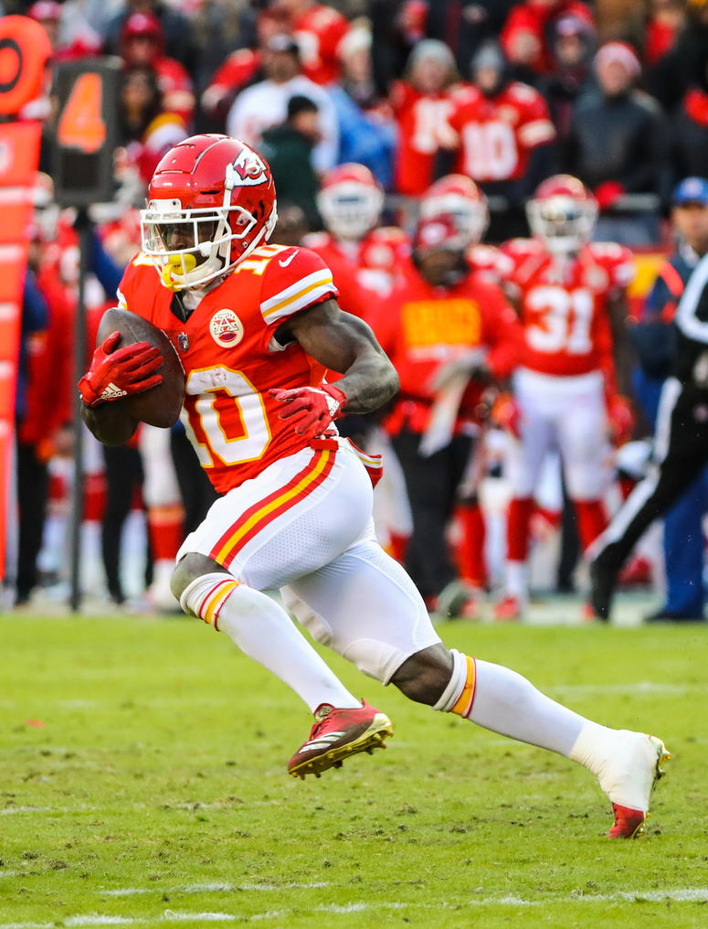 Dec 9, 2018; Kansas City, MO, USA; Kansas City Chiefs wide receiver Tyreek Hill (10) runs against the Baltimore Ravens at Arrowhead Stadium. Mandatory Credit: Jay Biggerstaff-USA TODAY Sports
