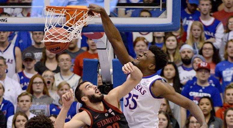 Dec 1, 2018; Lawrence, KS, USA; Kansas Jayhawks center Udoka Azubuike (35) dunks the ball over Stanford Cardinal center Josh Sharma (20) during the first half at Allen Fieldhouse. Mandatory Credit: Denny Medley-USA TODAY Sports