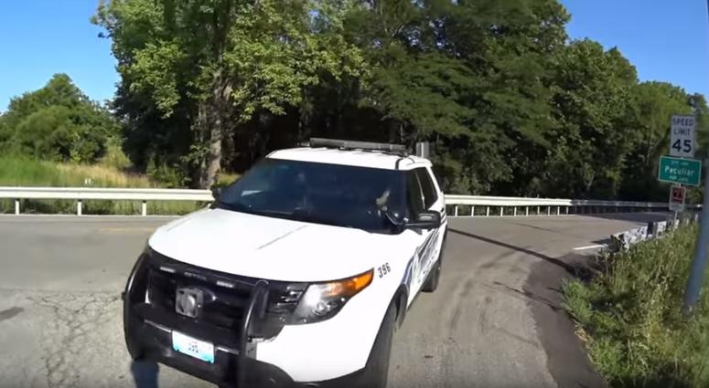 A screenshot of the video from Joe Fasanello as the Peculiar Police SUV turns, moments before the officer crashes into Fasanello