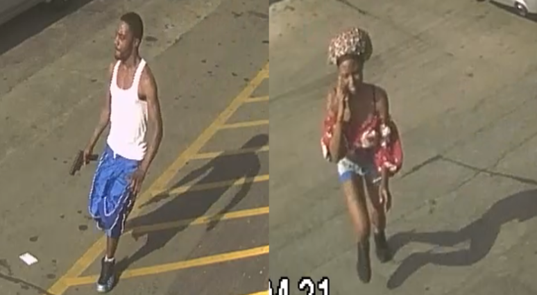 Surveillance video shows a woman talking on a cell phone and a man in blue shorts holding a gun out to his side at a BP gas station on Red Bridge Blvd on June 9