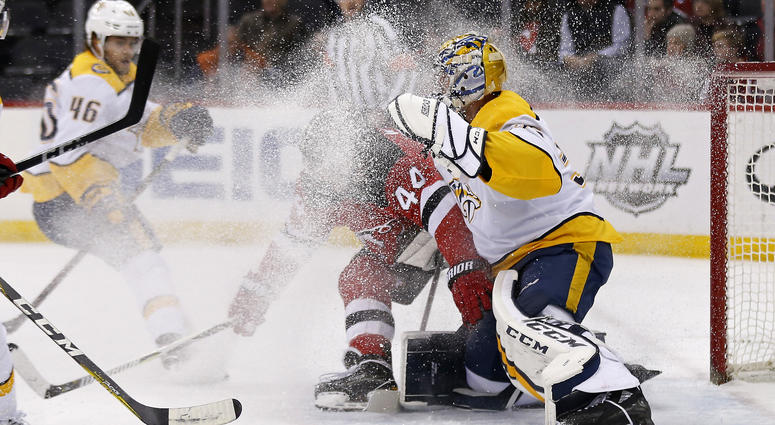New Jersey Devils left wing Miles Wood (44) is called for interference New Jersey Devils left wing Miles Wood (44) is called for interference
