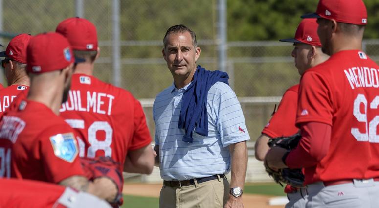Feb 15, 2018; Jupiter, FL, USA; St. Louis Cardinals general manager John Mozeliak watches workout drill at Roger Dean Chevrolet Stadium. Credit: Steve Mitchell-USA TODAY Sports Feb 15, 2018; Jupiter, FL, USA; St. Louis Cardinals general manager John Mozeliak watches workout drill at Roger Dean Chevrolet Stadium. Credit: Steve Mitchell-USA TODAY Sports