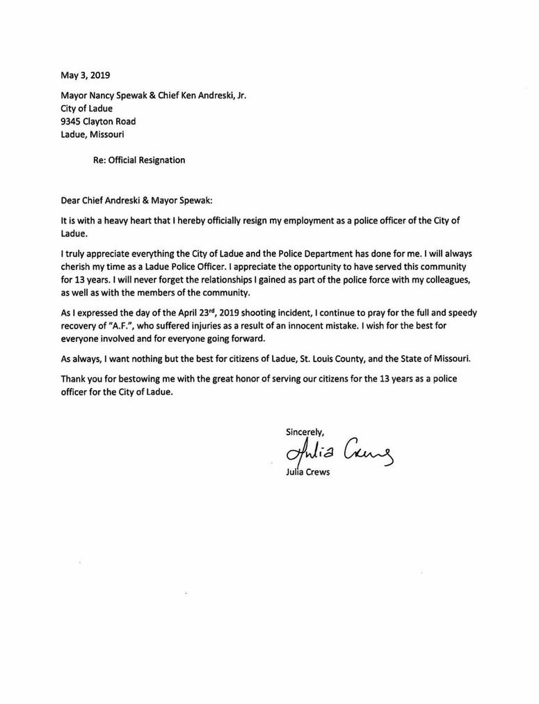 Julia Crews letter of resignation from Ladue Police Department