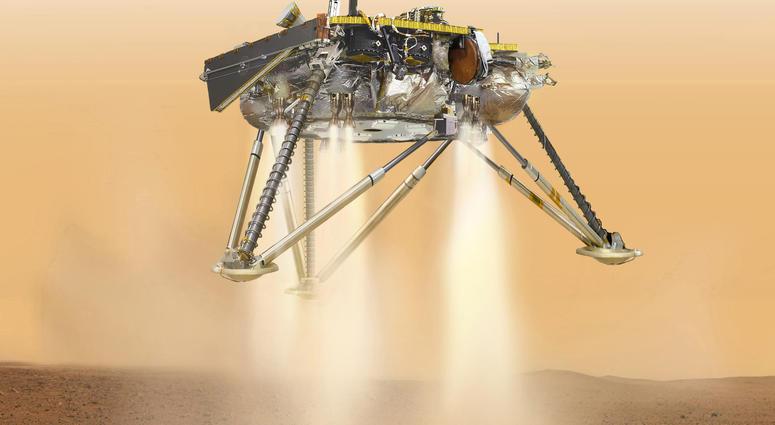 illustration of NASA's InSight lander about to land on the surface of Mars. illustration of NASA's InSight lander about to land on the surface of Mars.