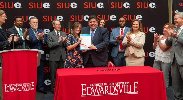 Gov. JB Pritzker at SIUE with Katie Stuart