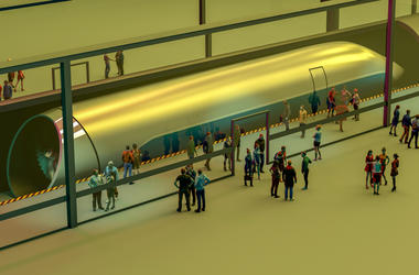 De Dallas A Austin En 17 Minutos En El Hyperloop De Virgin Train station and Hyperloop. Passengers waiting for the train. Futuristic technology for high-speed transport of goods and passengers in low-pressure pipes. 3d rendering