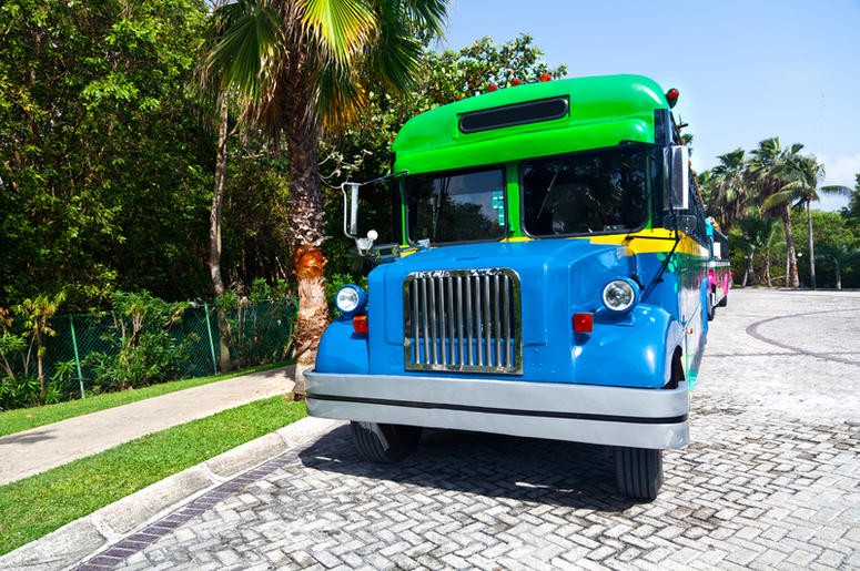 Mexicanos Renuncian A Su Trabajo Para Irse Al Mundial En Camión. Traditional Mexican Bus Parked in the Street