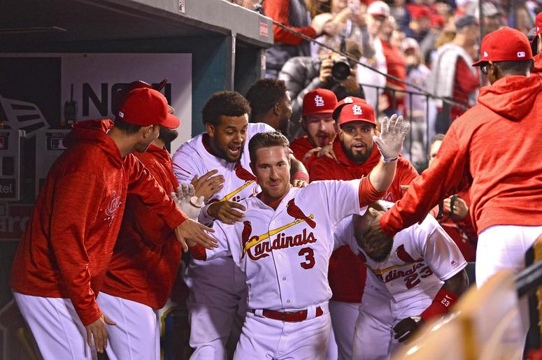 Apr 25, 2018; St. Louis, MO, USA; St. Louis Cardinals third baseman Jedd Gyorko (3) is congratulated by teammates after hitting a two run home run. Apr 25, 2018; St. Louis, MO, USA; St. Louis Cardinals third baseman Jedd Gyorko (3) is congratulated by teammates after hitting a two run home run.
